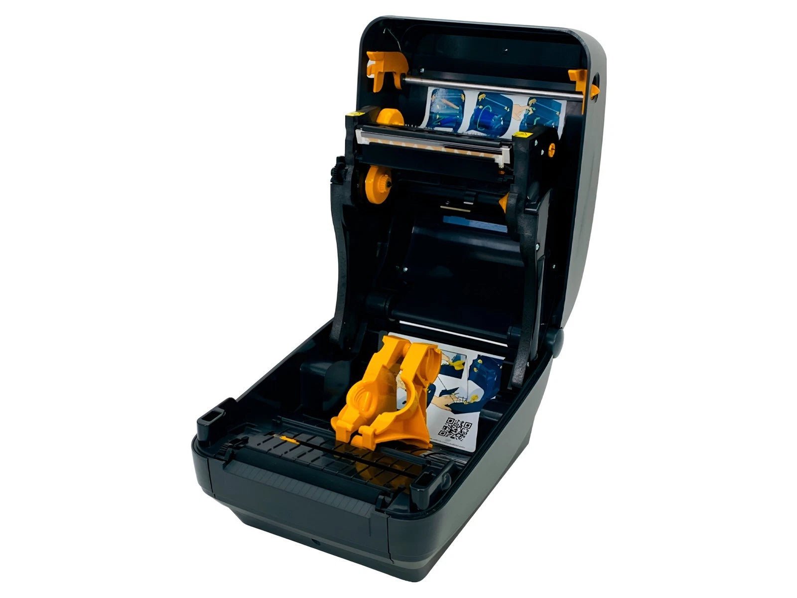 Thermal transfer printer open cover showing ribbon and media path