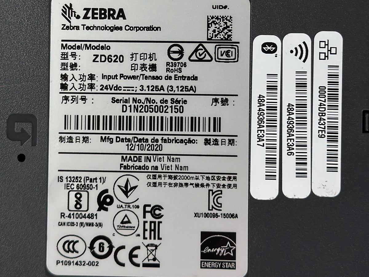 Zebra ZD620 ZD62043-T01L01EZ Desktop Direct Thermal Barcode Printer – Ethernet, Serial, USB, Power Supply