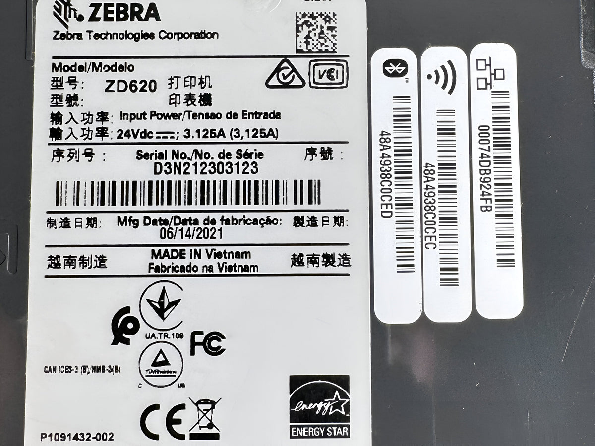 Zebra ZD620 ZD620d 203 DPI Direct Thermal Desktop Label Printer - Ethernet LAN USB