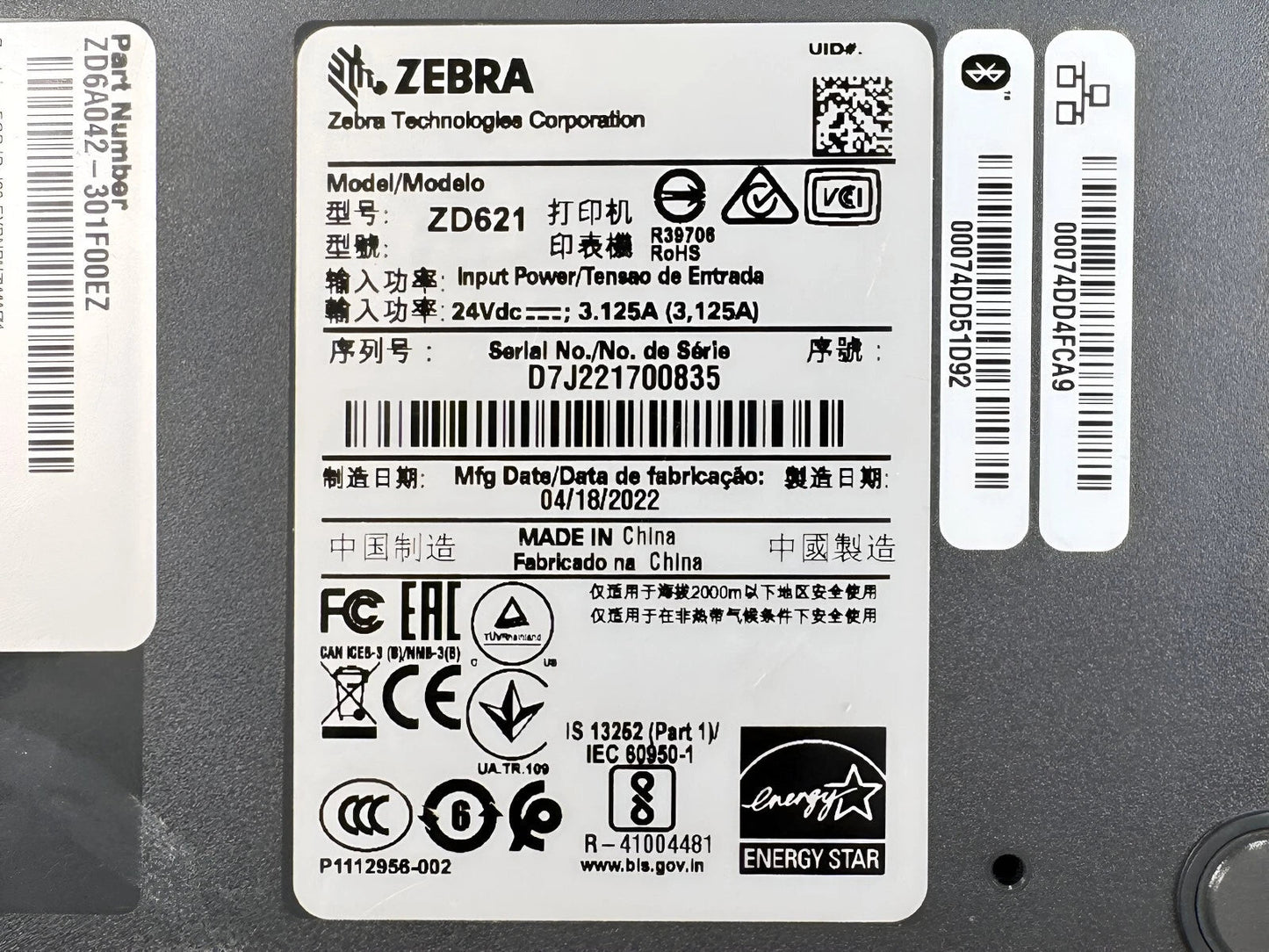 Zebra ZD621 ZD6A042 - 301F00EZ Thermal Transfer Label Printer – USB LAN Bluetooth