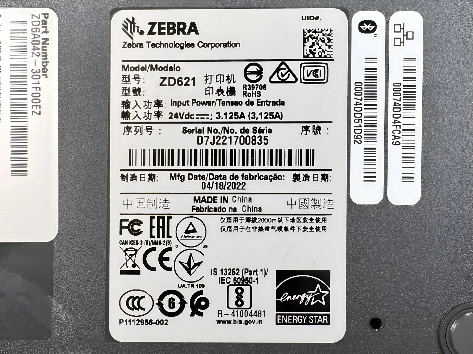 Zebra ZD621 ZD6A042 - 301F00EZ Thermal Transfer Label Printer – USB LAN Bluetooth