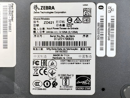 Zebra ZD621 ZD6A042 - 301F00EZ Thermal Transfer Label Printer – USB LAN Bluetooth
