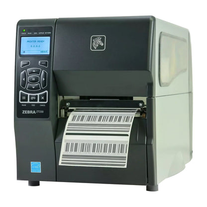 Zebra ZT230 direct thermal industrial label printer front angled view printing label