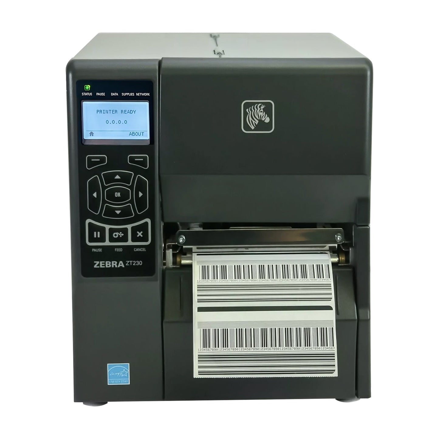 Zebra ZT230 industrial label printer front view with printed barcode label