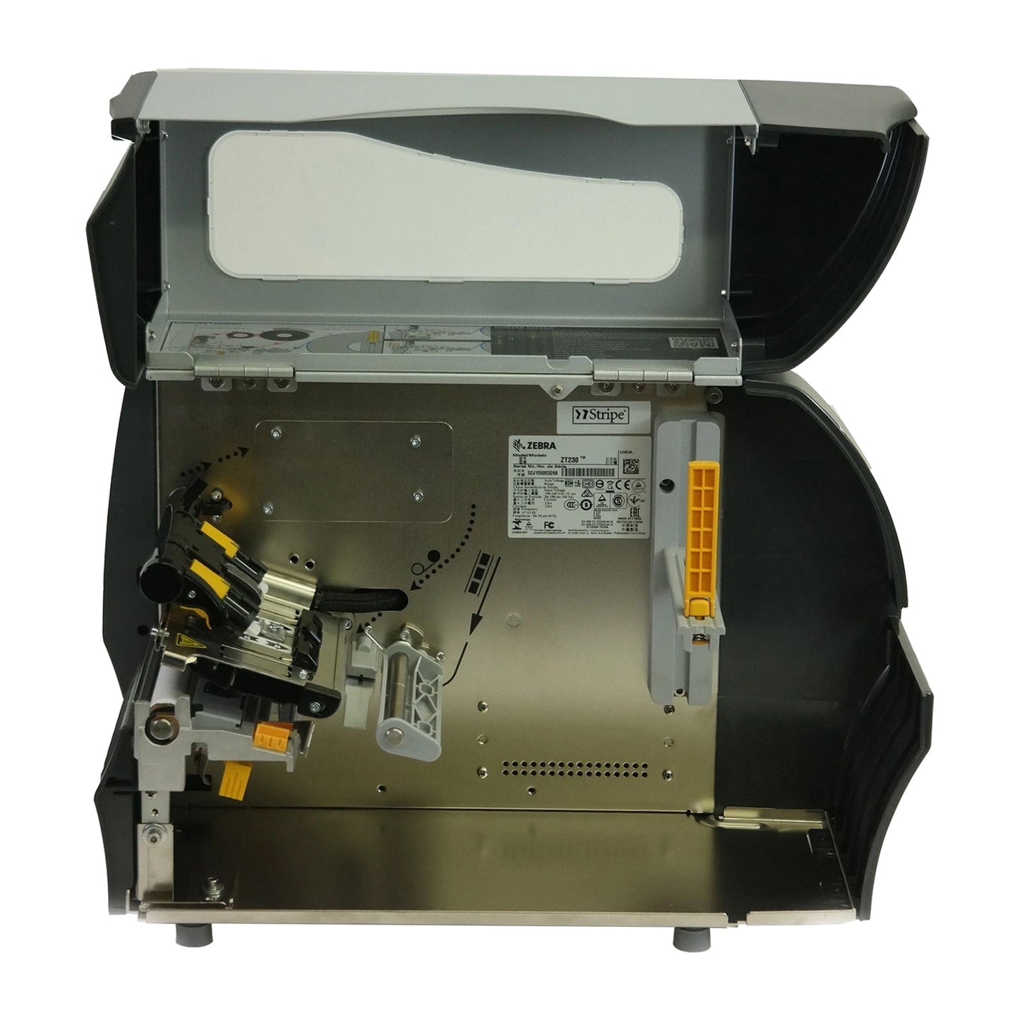 Zebra ZT230 printer open showing internal media path