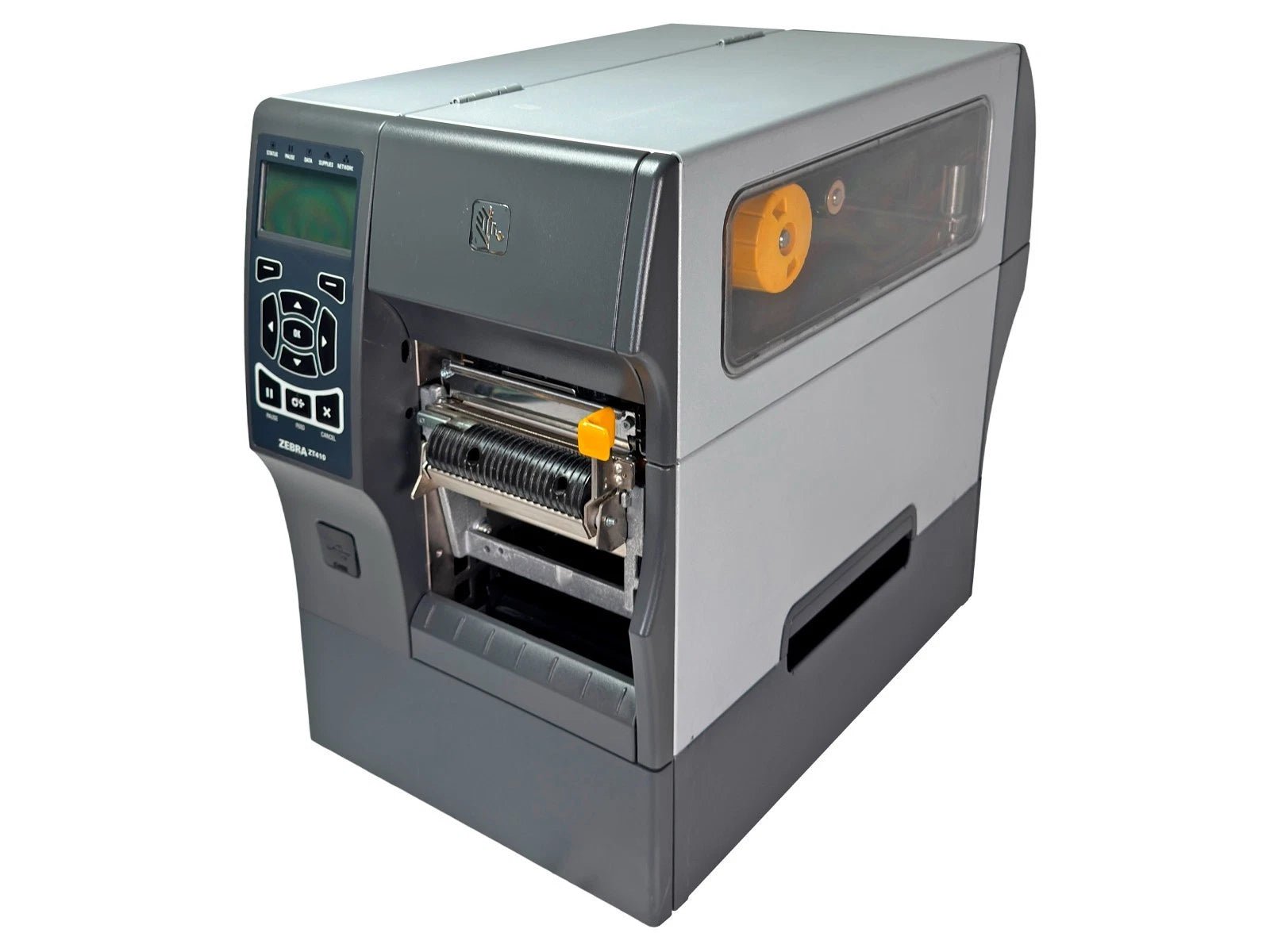 Zebra ZT410 300 DPI industrial label printer front angled view with peeler