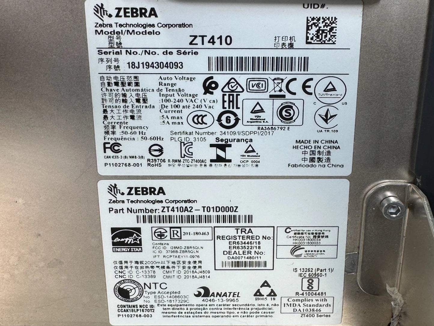 Zebra ZT410 Industrial Thermal Transfer Label Printer WiFi Bluetooth LAN USB