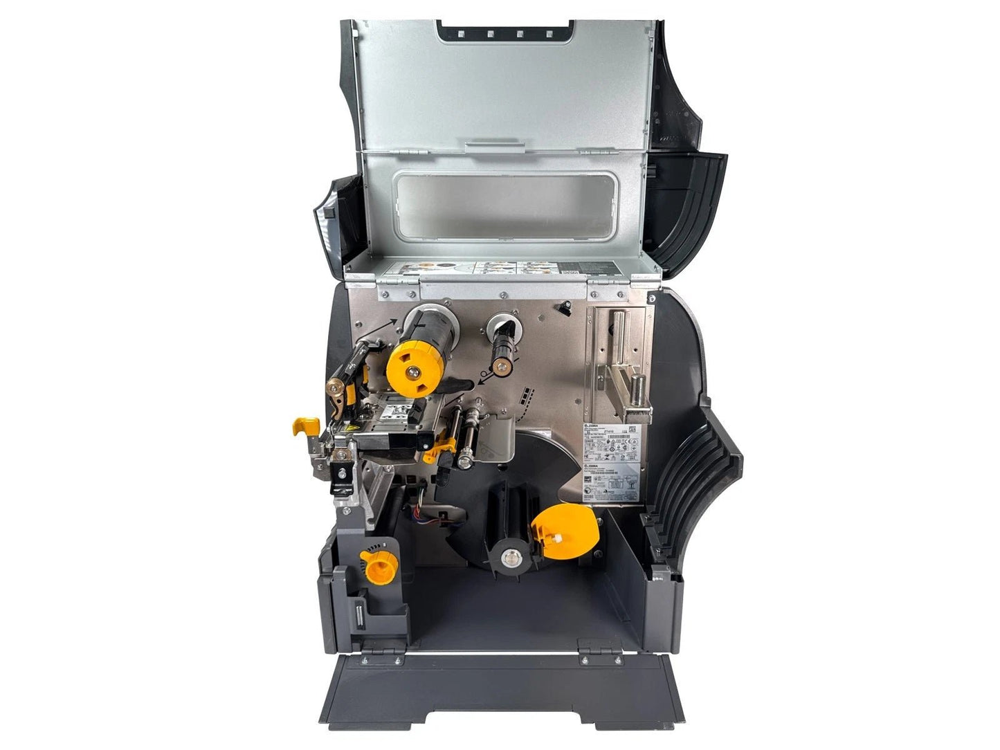 Zebra ZT410 industrial printer open internal full view with rewinder