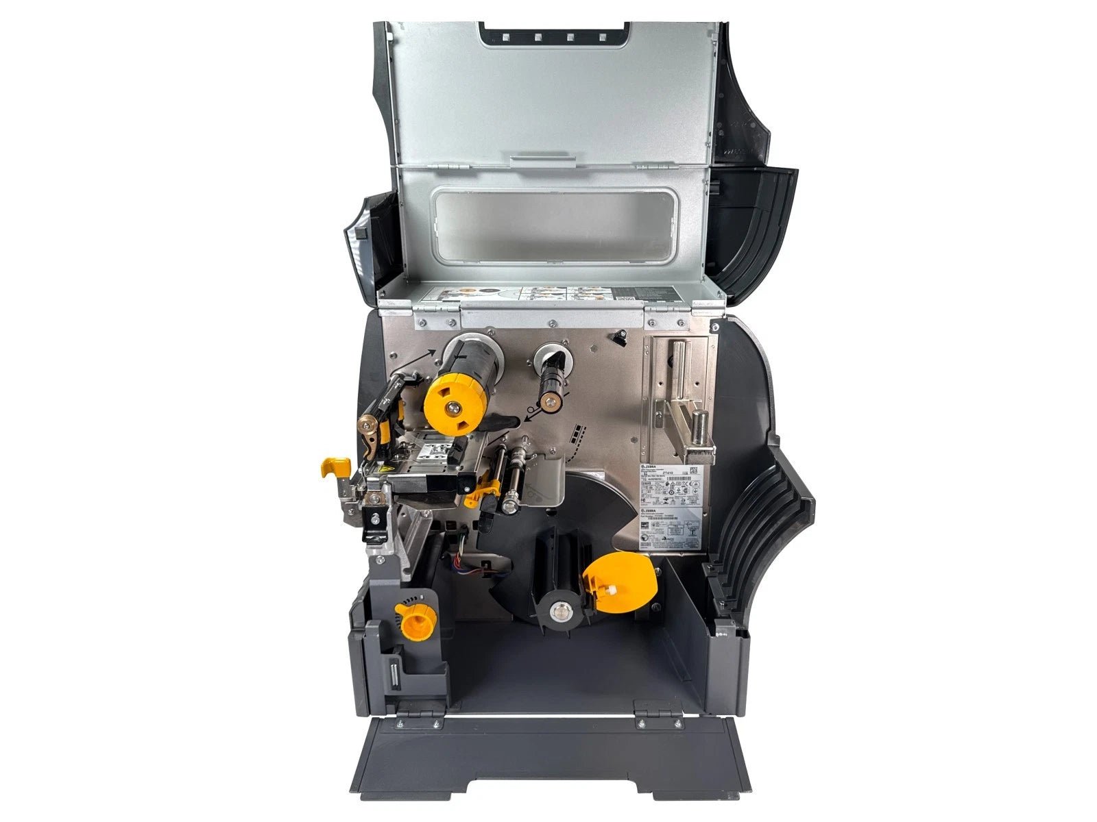Zebra ZT410 industrial printer open internal full view with rewinder