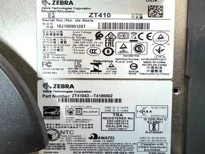 Zebra ZT410 printer serial number and compliance label
