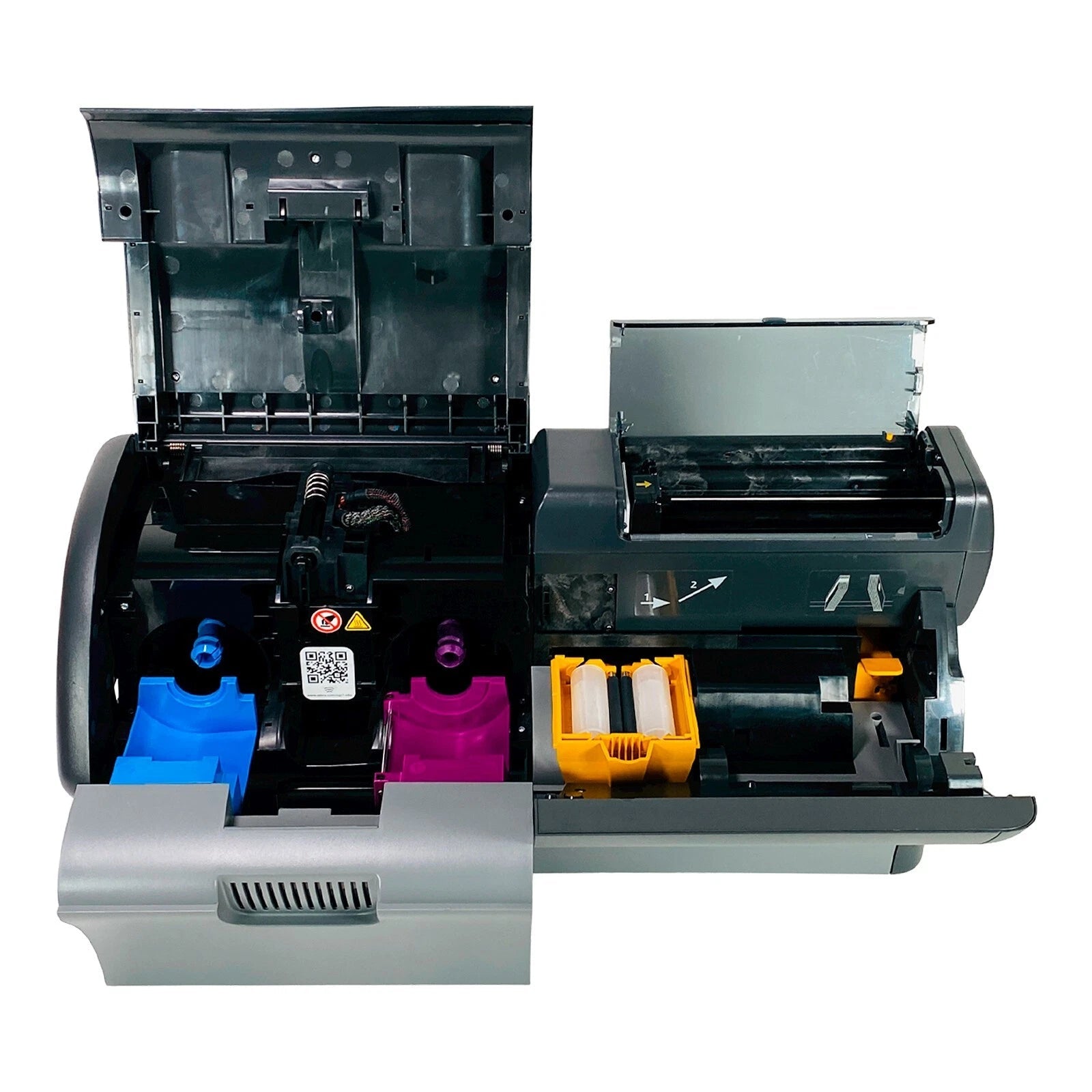 Internal print mechanism with card path and ribbon compartment open