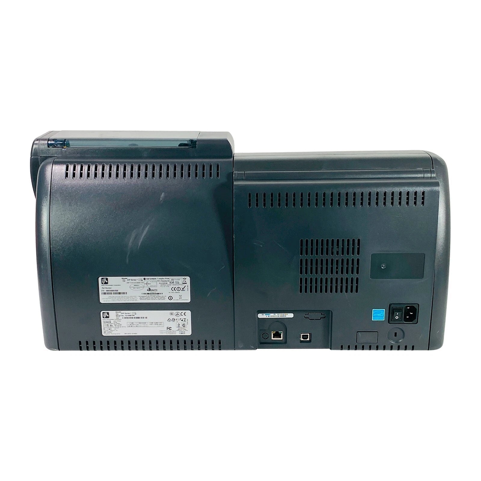 Full rear view of printer with ventilation and ports