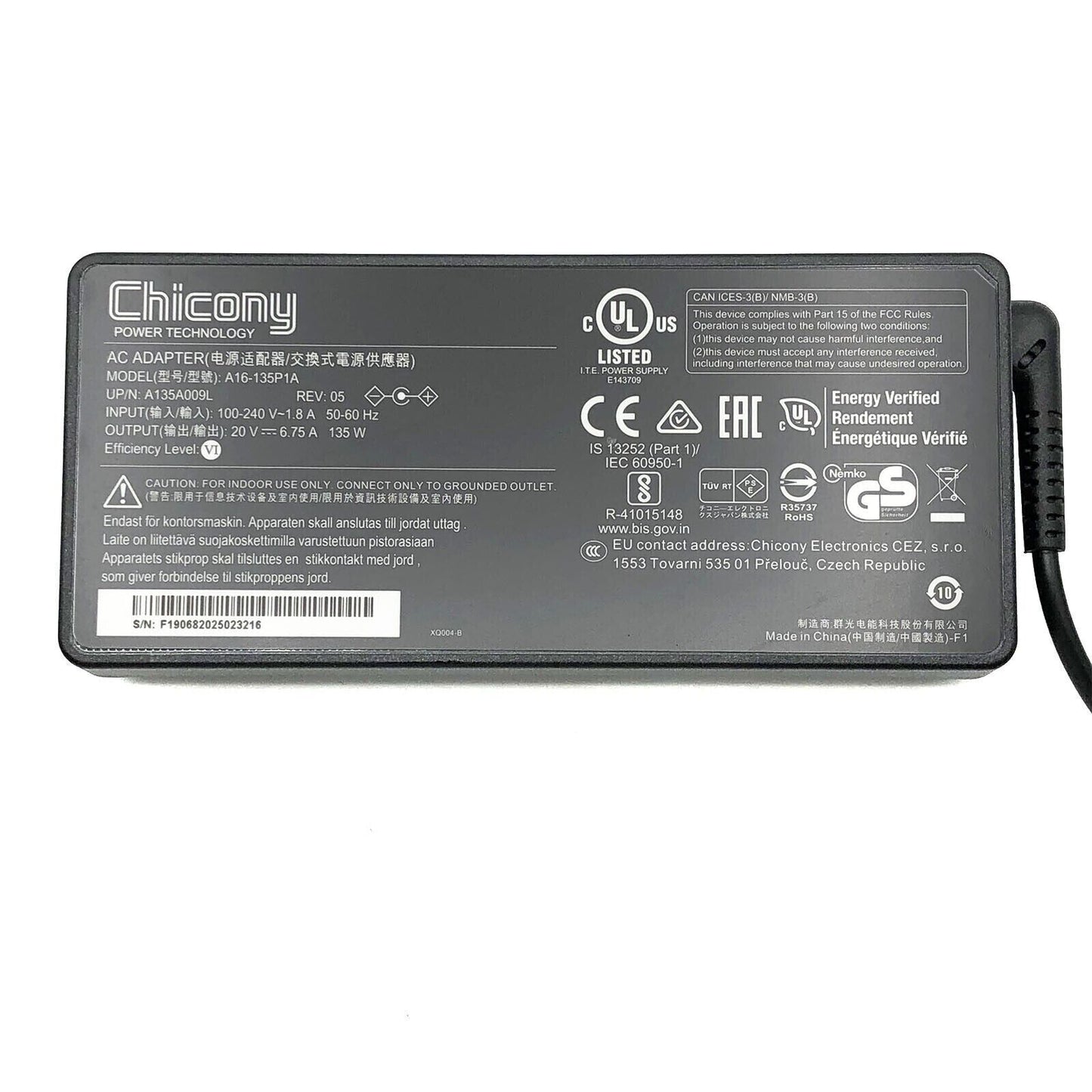 Genuine Chicony A16-135P1A AC Adapter A135A009L 20V 6.75A w/Cord