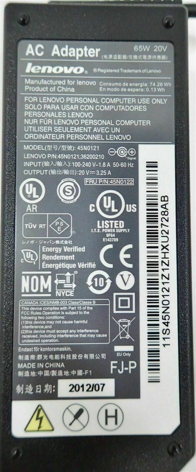 Lenovo Genuine 65W 20V 3.25A Power Supply Adapter 7.9*5.5mm pin w/cord