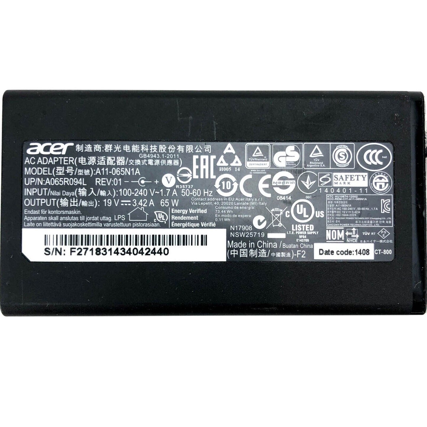 Original 65W Acer AC Adapter Charger 19V 3.42A pin 3.0*1.1 mm w/Cord