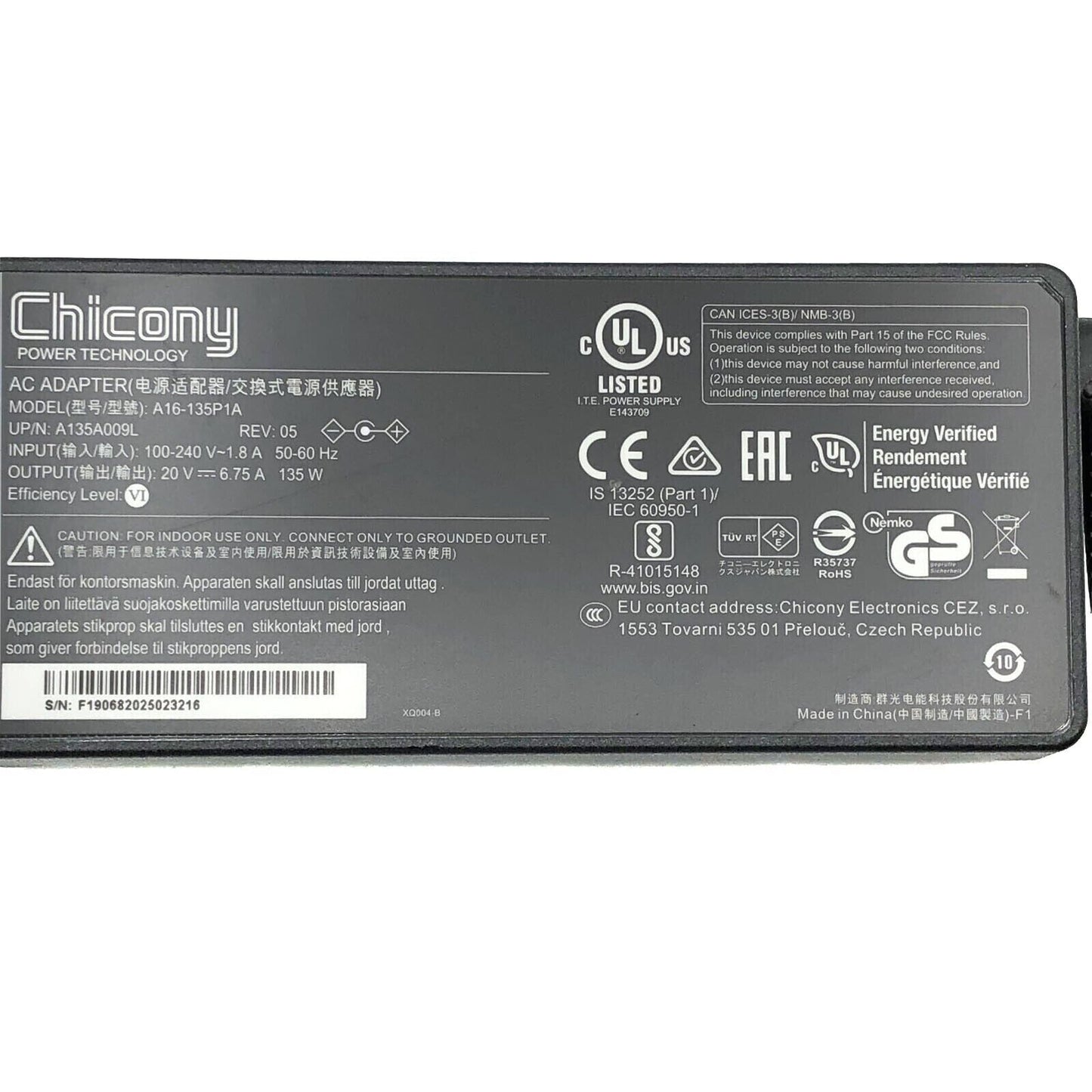 Genuine Chicony A16-135P1A AC Adapter A135A009L 20V 6.75A w/Cord